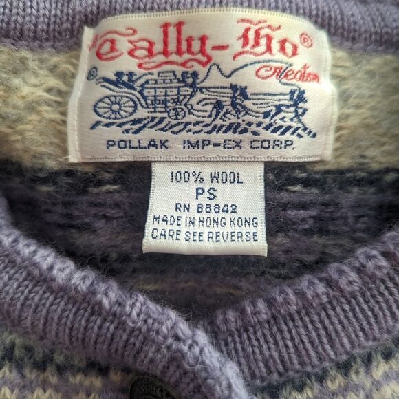 Tally Ho vintage Fair Isle purple cream silver snowflake wool sweater cardigan - Picture 4 of 4